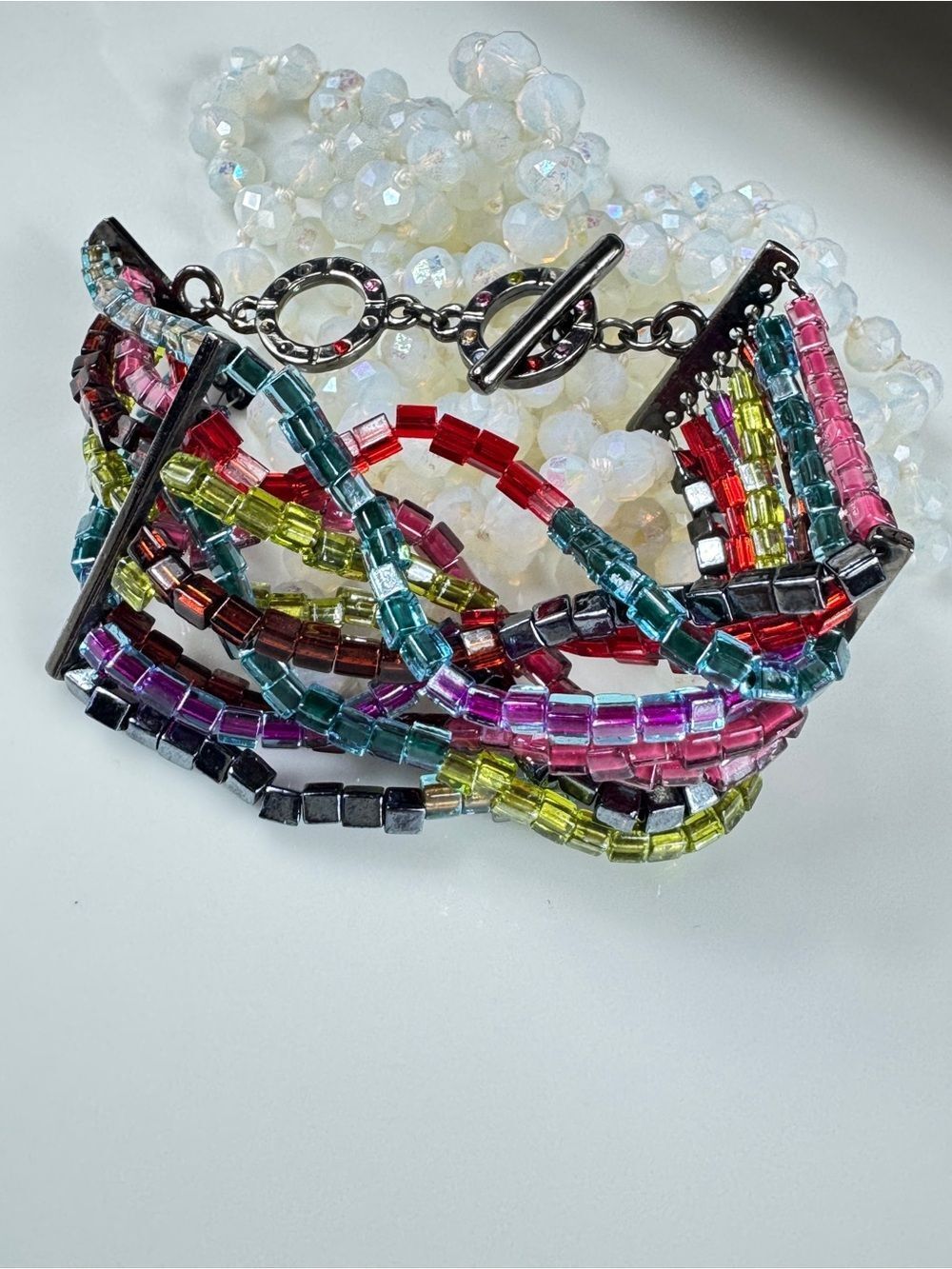 Zara Multicolor Beaded Braided Bracelet with Toggle Clasp